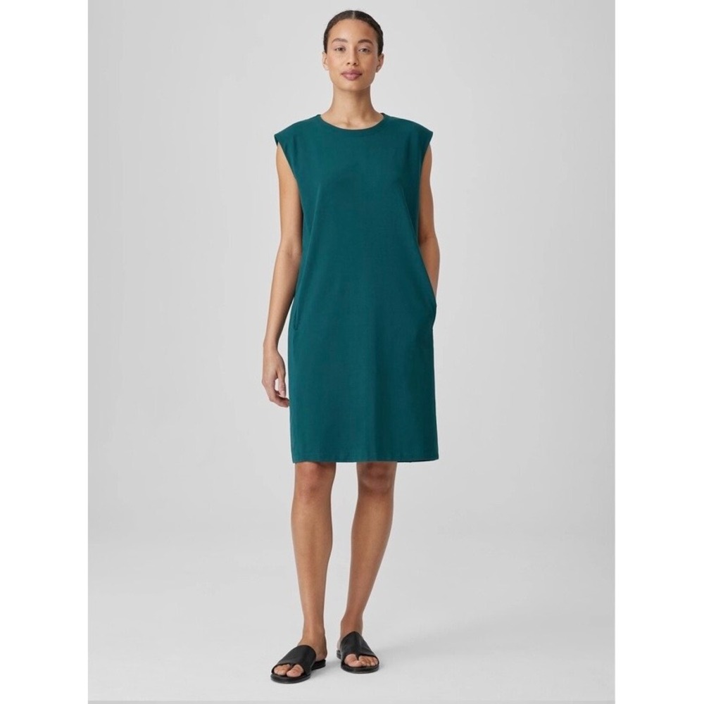 Eileen Fisher Teal Blue Jersey Knit Cap Sleeve Dress Large Designer Luxury‎ EUC